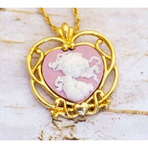 19 inch, Vintage Heart Angel Cameo Gold Tone Necklace by Precious Memories - BA1